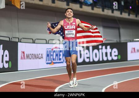 Glasgow le dimanche 3 mars 2024. Bryce Hoppel (USA, 800 mètres) remporte la médaille d'or au 800m lors des Championnats du monde d'athlétisme 2024 à l'Emirates Arena de Glasgow le dimanche 3 mars 2024. (Photo : Pat Scaasi | mi News) Banque D'Images