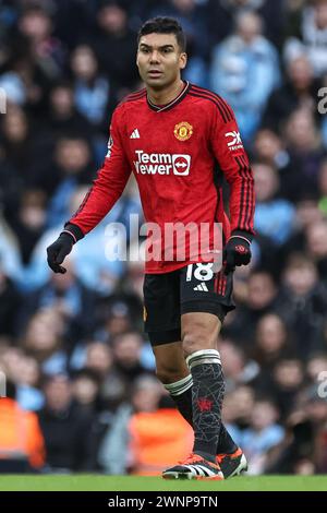 Manchester, Royaume-Uni. 03 mars 2024. Casemiro de Manchester United lors du match de premier League Manchester City vs Manchester United au stade Etihad, Manchester, Royaume-Uni, le 3 mars 2024 (photo Mark Cosgrove/News images) à Manchester, Royaume-Uni le 3/3/2024. (Photo de Mark Cosgrove/News images/SIPA USA) crédit : SIPA USA/Alamy Live News Banque D'Images