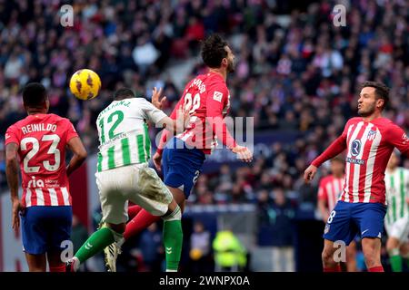 Madrid, Espagne. 03 mars 2024. Madrid Espagne ; 03.03.2024.- L'Atlético de Madrid bat Betis 2-1 au stade Civitas Meropolitano dans la capitale du Royaume d'Espagne le jour de la journée 27. Avec des buts de Rui Tiago Dantas Silva (8e but) et Álvaro Morata (44e), l'Atlético a maintenu sa série invaincue dans son peloton contre Betis, qui a marqué son but à la 62e minute grâce à William Carvalho. Crédit : Juan Carlos Rojas/dpa/Alamy Live News Banque D'Images