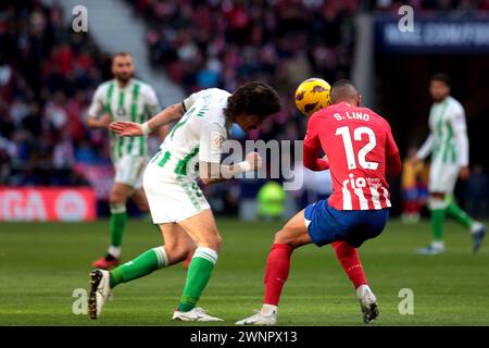 Madrid, Espagne. 03 mars 2024. Madrid Espagne ; 03.03.2024.- L'Atlético de Madrid bat Betis 2-1 au stade Civitas Meropolitano dans la capitale du Royaume d'Espagne le jour de la journée 27. Avec des buts de Rui Tiago Dantas Silva (8e but) et Álvaro Morata (44e), l'Atlético a maintenu sa série invaincue dans son peloton contre Betis, qui a marqué son but à la 62e minute grâce à William Carvalho. Crédit : Juan Carlos Rojas/dpa/Alamy Live News Banque D'Images