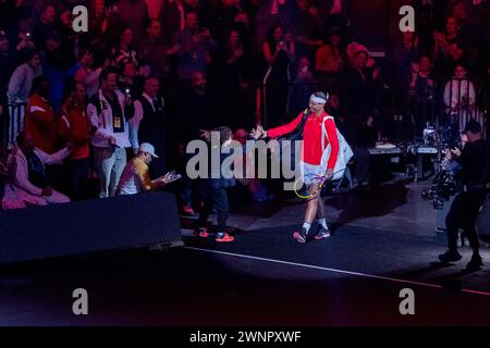 Las Vegas, États-Unis. 03 mars 2024. Rafael Nadal assiste au Netflix Slam au Michelob ULTRA Arena du Mandalay Bay Resort and Casino à Las Vagas, Nevada, le dimanche 3 mars 2024. (Travis P Ball/Sipa USA) crédit : Sipa USA/Alamy Live News Banque D'Images