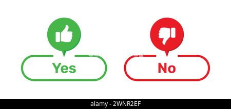 Boutons Oui et non avec les symboles J'aime et je n'aime pas de couleur verte et rouge. Boutons Oui et non avec symboles pouce vers le haut et pouce vers le bas. Illustration de Vecteur