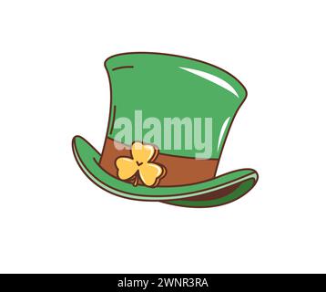 Chapeau haut de gamme vert Leprechaun rétro de dessin animé, accessoire de vacances saint patrick. Calotte fantaisiste vectorielle isolée dans une teinte émeraude vibrante, ornée d'une boucle de plante de trèfle ou de trèfle dorée Illustration de Vecteur