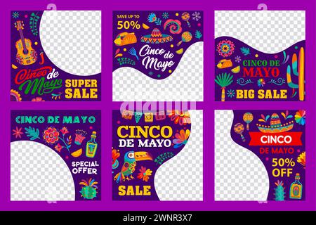 Cinco de Mayo vacances mexicaines grandes offres spéciales modèles de bannières. Guitare vectorielle, sombrero, tequila et maracas, fleurs tropicales, cactus et Chili mises en page de sites Web de médias sociaux avec papel picado Illustration de Vecteur