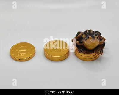 Grenouille noire et brune jouet en céramique, assise sur les pièces de monnaie, choco enveloppe des bonbons. Têtes ou queues. Concept d'économie. Fond du livre blanc. Banque D'Images