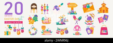 Grande collection d'objets de Pâques joyeuses. Illustration vectorielle de conception plate. Ensemble de création de dessins, d'artisanat ou de décorations liés à Pâques. Illustration de Vecteur