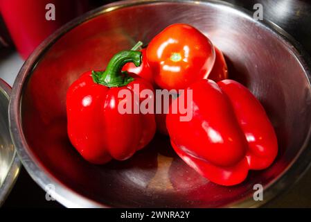 Poivrons rouges frais et une tomate juteuse dans un bol en acier inoxydable, prêt pour la cuisson. Banque D'Images