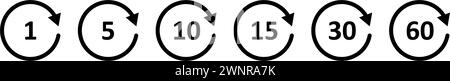 Icône de retour arrière de 5, 10, 15, 30, 60 secondes. Icône de flèche circulaire. Relire ou symbole suivant. Bouton d'avance rapide. Signe de répétition arrondi. Angle de rotation. Vecteur Illustration de Vecteur