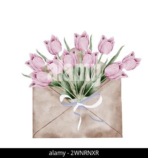 Bouquet de tulipes dans un dessin aquarelle d'enveloppe. Clip art de fleurs roses placées dans un sac en papier. Sur un fond blanc isolé. Pour concevoir des cartes Banque D'Images