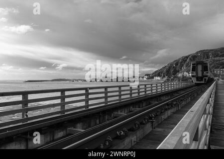 Le train de 15h40 de Fairbourne fait un chemin à travers le Pont Abermaw vers la gare de Barmouth Gwynedd Wales UK. Mars 2024 Banque D'Images