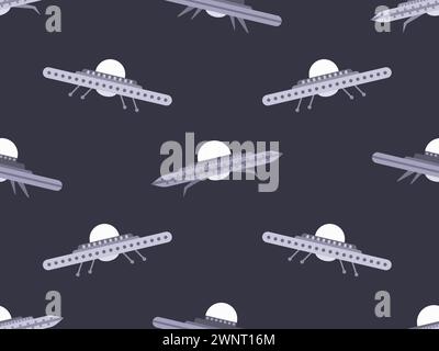 Modèle sans couture avec OVNI. Fond noir et blanc avec vaisseaux spatiaux extraterrestres et soucoupes volantes dans l'espace. Vaisseaux spatiaux extraterrestres. Conception pour impression, bannières et Illustration de Vecteur