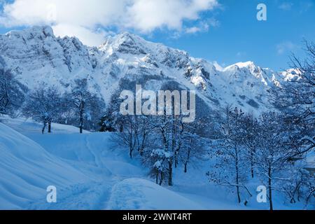 Magnifique panorama hivernal avec un sentier enneigé sous les sommets montagneux Banque D'Images