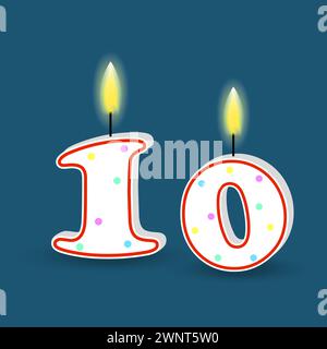 Anniversaire numéro dix, bougie avec feu. 3D numéro 10. Illustration vectorielle. SPE 10. Image de stock. Illustration de Vecteur