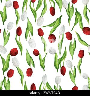 Illustration d'aquarelle dessinée à la main. Motif floral sans couture avec tulipes rouges et blanches en mouvement Banque D'Images