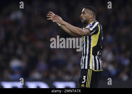 Naples, Italie. 03 mars 2024. Le défenseur brésilien de la Juventus Bremer gesticulate lors du match de Serie A opposant la SSC Napoli à la Juventus au stade Diego Armando Maradona à Naples, dans le sud de l'Italie, le 3 mars 2023. Crédit : Agence photo indépendante/Alamy Live News Banque D'Images