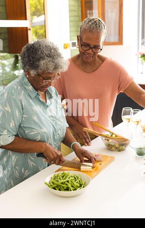 Une femme afro-américaine sénior hache des légumes tandis qu'une femme biraciale sénile observe Banque D'Images