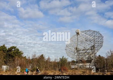 Grand radiotélescope parabolique (Radiotelescoop Dwingelderveld) au milieu d'arbres sans feuilles sous un ciel nuageux Banque D'Images