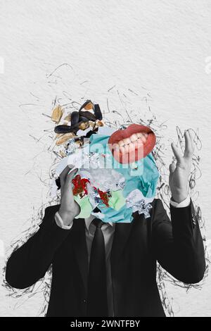 Croquis illustration tendance composite 3D collage photo de silhouette blanche noire sans tête homme confus poubelle pollution écologique à la place Banque D'Images