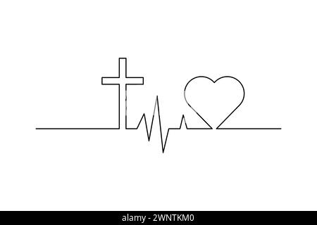 Symbole de marque de croix foi chrétienne, une seule ligne. La croix et le pouls battent le cœur. Illustration vectorielle. SPE 10. image de stock. Illustration de Vecteur