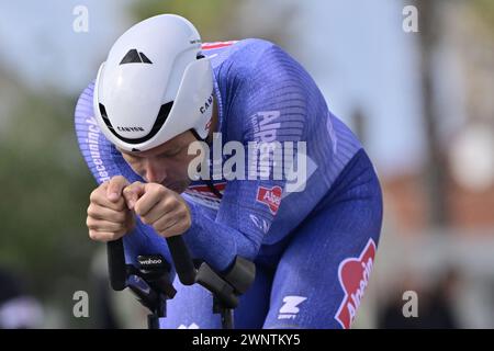 Camaiore, Italie. 04 mars 2024. Le belge Jonas Rickaert d'Alpecin-Deceuninck photographié lors de la première étape de la course cycliste Tirreno-Adriatico, un contre-la-montre individuel de 10 km à Lido di Camaiore, Italie, lundi 04 mars 2024. BELGA PHOTO DIRK WAEM crédit : Belga News Agency/Alamy Live News Banque D'Images