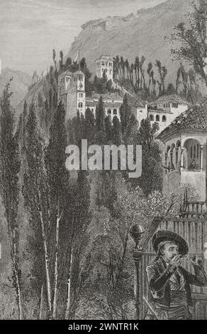 Grenade, Andalousie, Espagne. Le Generalife. Palais construit entre le XIIe et le XIVe siècle. Il a été utilisé comme lieu de repos par les rois Nasrides. Gravure. 'Glorias Españolas' (Glories d'Espagne). Volume II. Publié à Barcelone, 1890. Banque D'Images