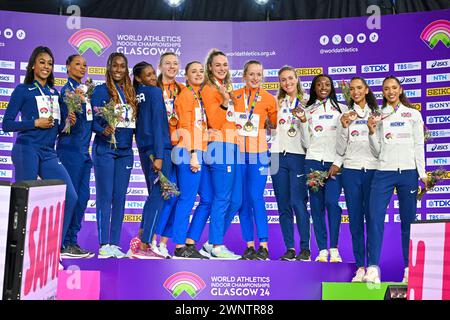 Glasgow, Écosse, Royaume-Uni. 03 mars 2024. Cérémonie de remise des médailles 4x400m pour femmes. 1er pays-Bas, 2e États-Unis, 3e Grande-Bretagne et Irlande du Nord (GBR). Lors des Championnats du monde d'athlétisme en salle à l'Emirates Arena, Glasgow, Écosse, Royaume-Uni. Crédit : LFP/Alamy Live News Banque D'Images