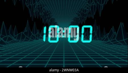 Image de la minuterie d'horloge numérique bleue changeant sur métaverse sur fond noir Banque D'Images