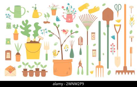 Ensemble de vecteurs de jardinage. Matériel d'horticulture de printemps. Plantation et travail dans la couverture de cour arrière. Graines, pelle à brouette et autres articles. Le ILLE plat moderne Illustration de Vecteur