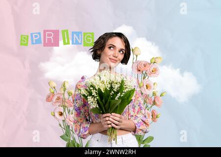 Image d'image de collage composite de femme intéressée tenir bouquet printemps internationale de la femme carte postale bizarre insolite panneau d'affichage fantaisie Banque D'Images