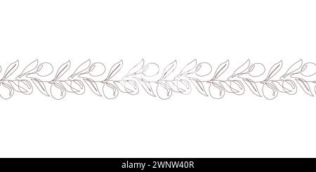 Branches d'olivier et fruits motif de bordure sans couture, dessin de ligne continu. Fond floral dessiné à la main, illustration vectorielle Illustration de Vecteur