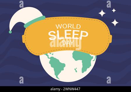 Bannière horizontale de jour du sommeil mondial. Terre avec carte de masque de sommeil. Affiche rétro. Modèle pour la conception de vacances avec carte glop. Illustration vectorielle. Illustration de Vecteur