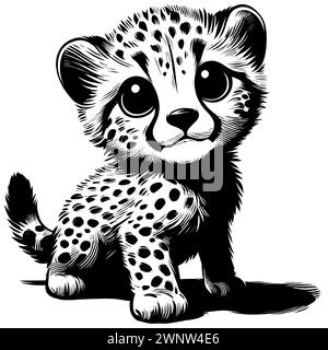 Illustration de style gravure sur bois de bébé guépard mignon sur fond blanc. Illustration de Vecteur