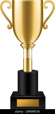 Trophée d'or réaliste. Gold Shining première place. Tasse gagnante avec assiette vide. gobelet 3d sur piédestal noir. Objectif du championnat sportif Illustration de Vecteur