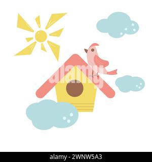 Nichoir d'été. Eléments de ressort isolés sur fond blanc. Passe-temps des enfants. Illustration vectorielle plate. Illustration de Vecteur