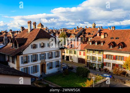 Vue aérienne de la vieille ville de Murten ville à l'automne, Suisse Banque D'Images