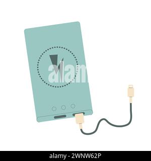 Banque d'alimentation isolée sur fond blanc. Dispositif de charge avec câble et sans fil. Illustration vectorielle plate. Illustration de Vecteur