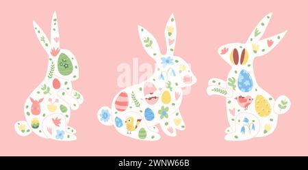 Ensemble silhouette de lapin de Pâques avec décoration. Lapins avec des œufs, des fleurs. Symbole des vacances de printemps. Illustration vectorielle plate. Illustration de Vecteur