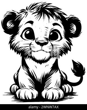 Illustration de style gravure sur bois de bébé lion mignon sur fond blanc. Illustration de Vecteur