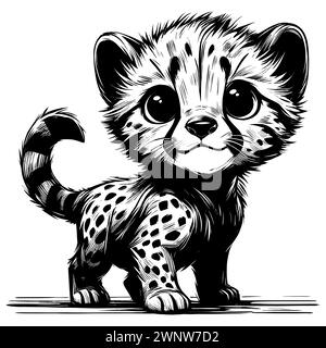 Illustration de style gravure sur bois de bébé guépard mignon sur fond blanc. Illustration de Vecteur