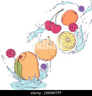 Fruits volants avec des éclaboussures de couleur de l'eau Illustration de Vecteur