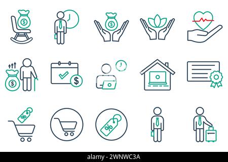 jeu d'icônes avantages employés. contient le plan de retraite des icônes, le travail flexible, le certificat, la prime, etc style d'icône de ligne. vecteur d'élément métier illustr Illustration de Vecteur