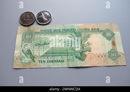 Les Émirats arabes Dirham arabe. Le code ISO AED est la monnaie officielle des Émirats arabes Unis. Dirham est subdivisé en 100 fils. Dirham l'était Banque D'Images