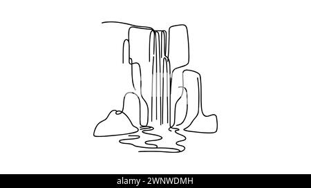 Dessin continu sur une ligne. Paysage avec montagnes, cascade et lac. Illustration vectorielle. Illustration de Vecteur