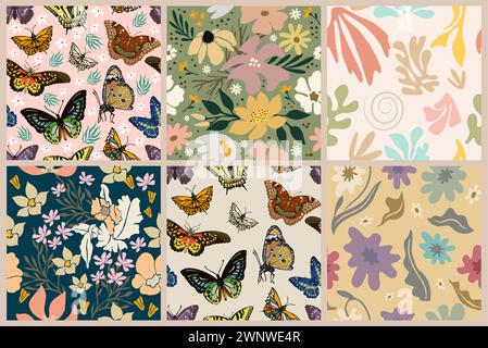 Ensemble de motifs floraux colorés simples sans couture. Illustration de Vecteur