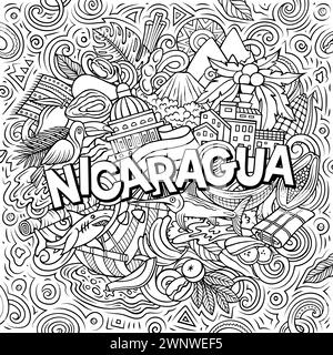 Illustration drôle de doodle vectorielle avec thème Nicaragua. Design dynamique et accrocheur, capturant l'essence de la culture et de la tradition d'Amérique centrale Illustration de Vecteur