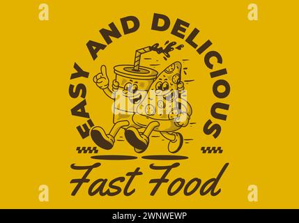 Restauration rapide, facile et délicieux. Illustration de personnage de mascotte de courir pizza et boisson non alcoolisée Illustration de Vecteur