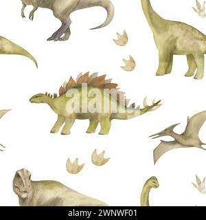 Motif sans couture aquarelle avec illustration d'un dinosaure et empreintes de pattes. Pour la décoration de la chambre des enfants, papier peint, textile Banque D'Images