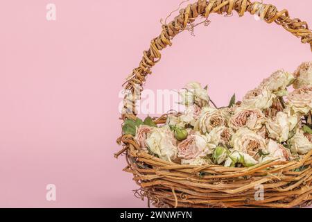 Composition créative avec des roses délicates sèches dans un panier en osier fait maison. Carte de voeux, fond rose pastel, espace de copie Banque D'Images