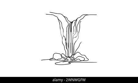 Dessin continu sur une ligne. Paysage avec montagnes, cascade et lac. Illustration vectorielle. Illustration de Vecteur