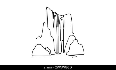 Dessin continu sur une ligne. Paysage avec montagnes, cascade et lac. Illustration vectorielle. Illustration de Vecteur